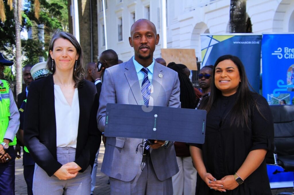 Environment Chief Officer, Geofrey Omatoke Mosiria, Head of Project Delivery - Breathe Cities, Lucile Brethes and Technical Head for Breathe Cities, Seneca Vieira, during the flag off ceremony of the city’s first-ever air quality monitoring network on June 11, 2025
