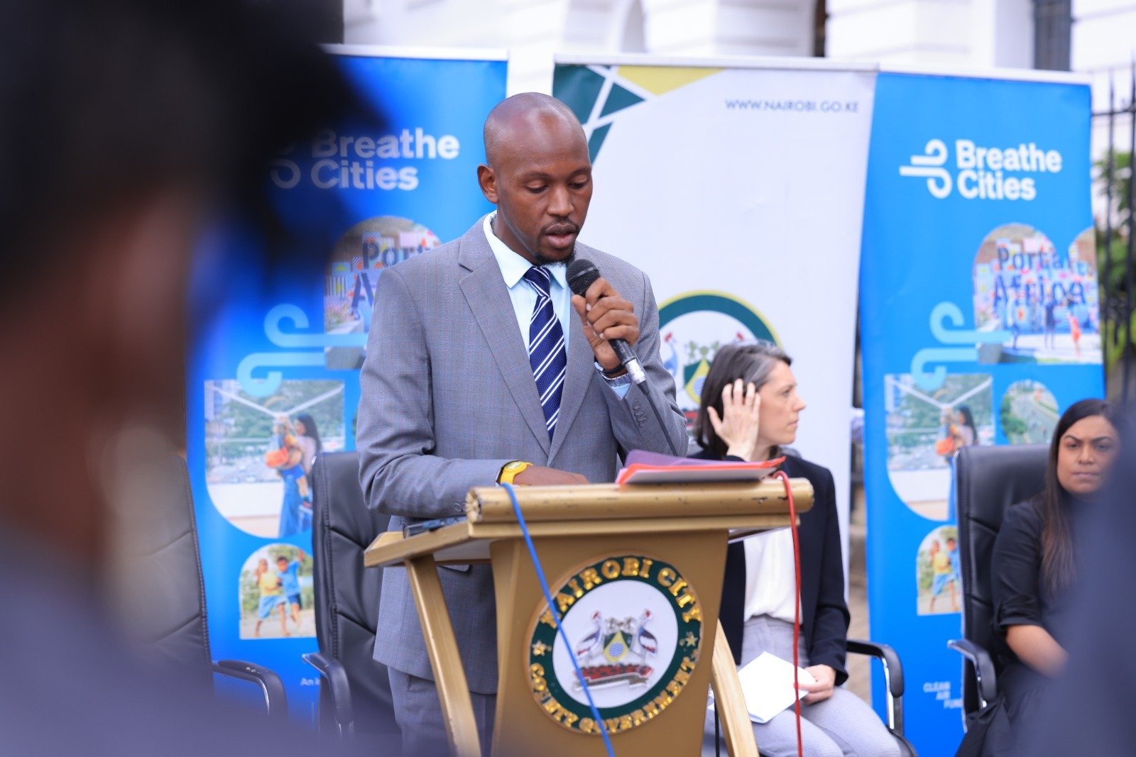 Chief Officer Environment Mr Morisia, speaking at the media flag off for the Air Quality sensors in Nairobi